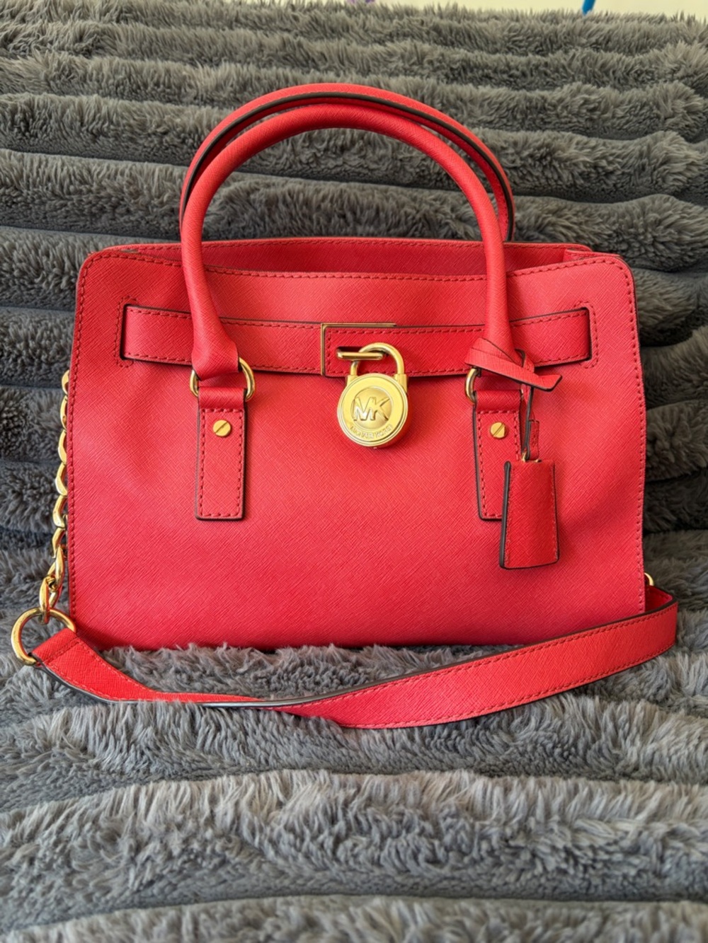Michael Kors Red Saffiano Leather Satchel with Gold Hardware